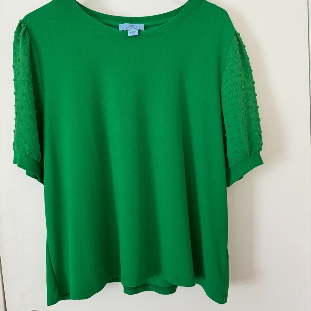 CeCe Round Neck Mixed Media Knit Shirt with Puff Sleeves Green Women's Size XL